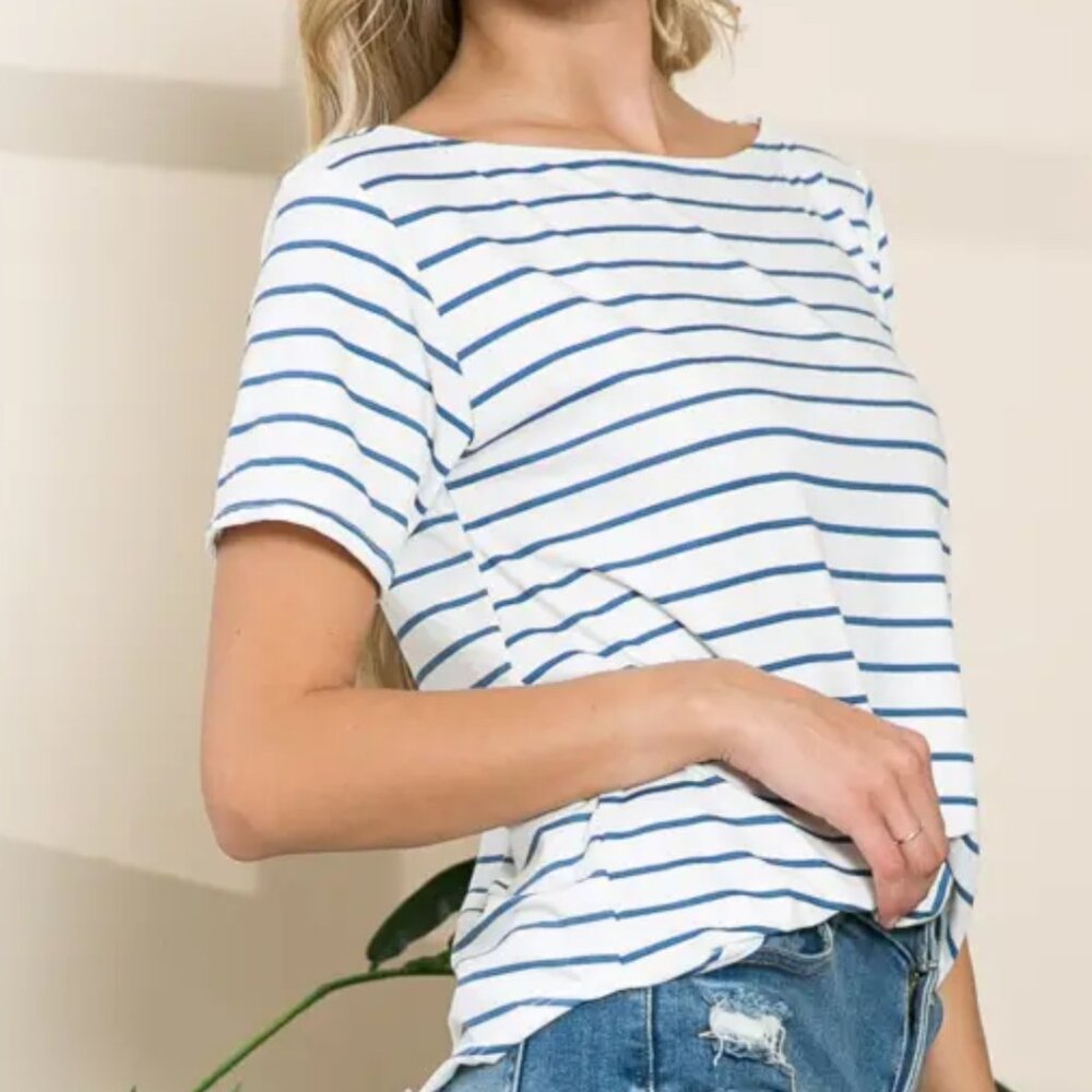 Striped Boat Neck Short Sleeve Top White Blue Stripes Nautical Womens Large